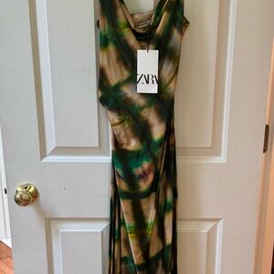 Zara Green and Brown Patterned Dress